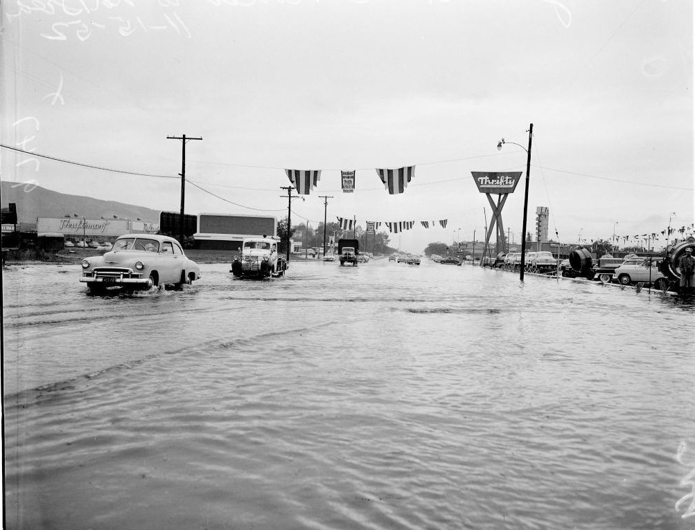 #7 A flooded road in Van Nuys, 1952.