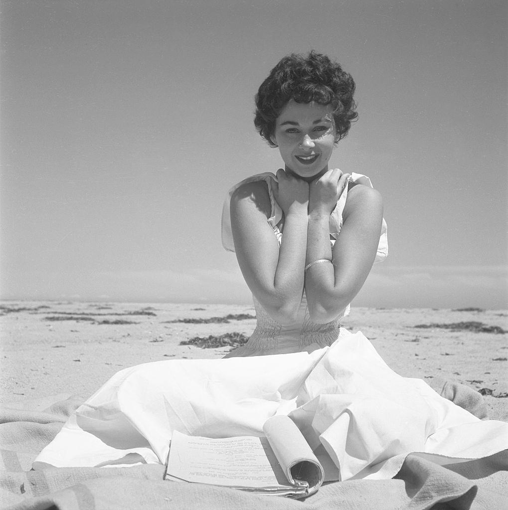 #4 Marla English poses at the beach in Los Angeles, 1956.