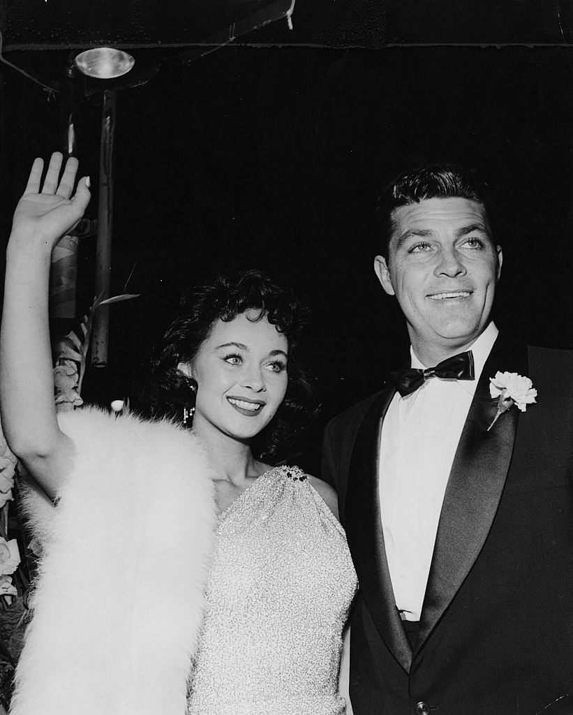 #7 Marla English with Dale Robertson at a black tie event in Hollywood, 1955.