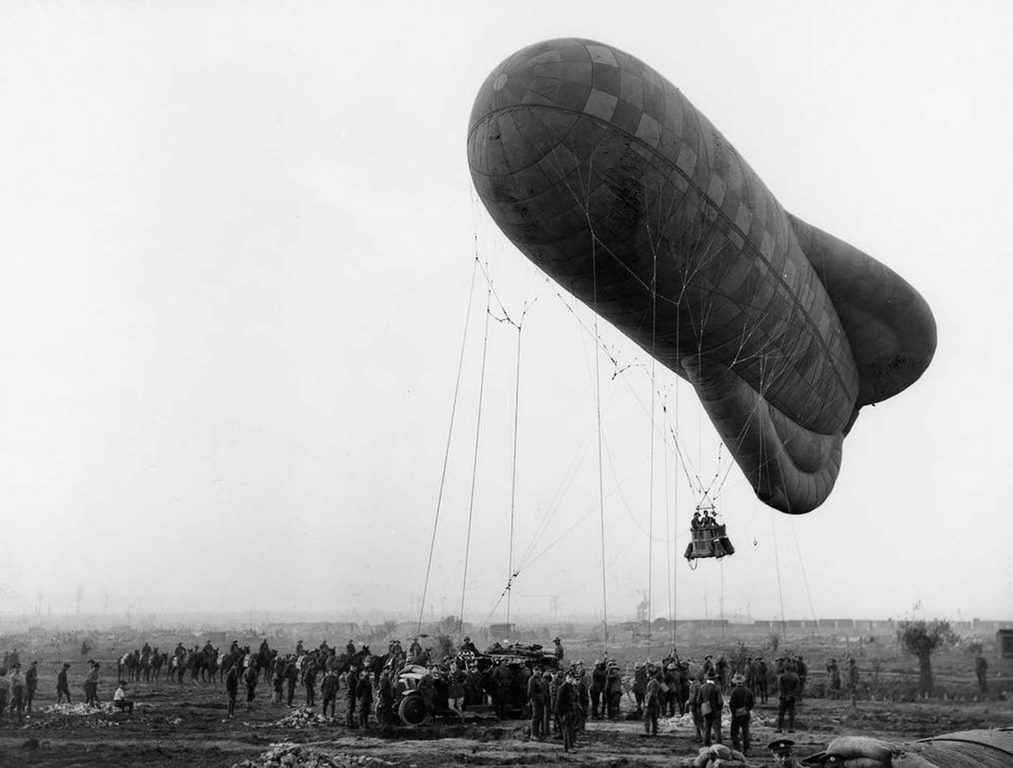 #10 An observation balloon is launched near Ypres, Belgium to spot enemy artillery, 1917.