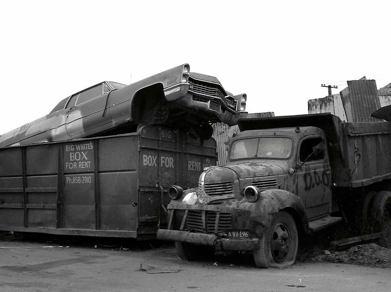 #23 Cadillac in a debris box, 20th century salvage, West Oakland, 1975.