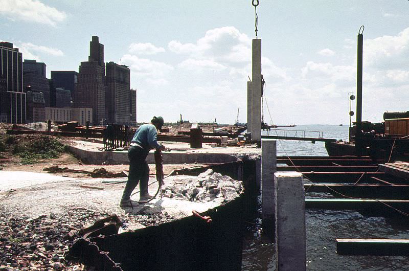 #3 Battery Park City being built using land excavated from the World Trade Center construction site across West Street,April 1974