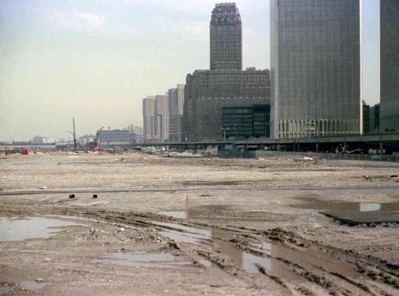 #4 Battery Park City landfill, NY Telephone Company, abandoned West Side Highway and the World Trade Center, 1974