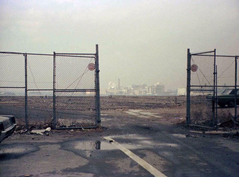 #7 Battery Park City was just a lot of mud with a great view to the industrial skyline of Jersey City and the Colgate Clock, right across West Street from the World Trade Center, April 1975