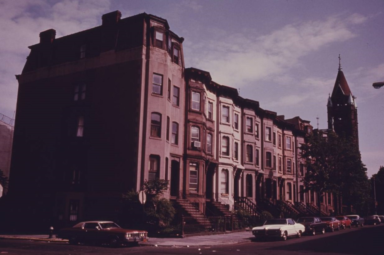 #44 Block of brownstone residences in Park Slope of Brooklyn, June 1974.