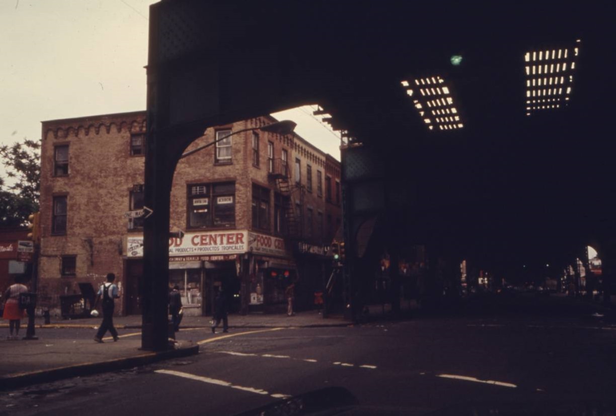 #56 Elevated train tracks at Bushwick Avenue in Brooklyn, NYC, June 1974.