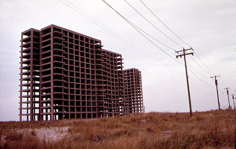 #50 Breezy Point in Queens, New York near the Atlantic Ocean with the abandoned skeleton of an apartment building that was never finished, June 1973