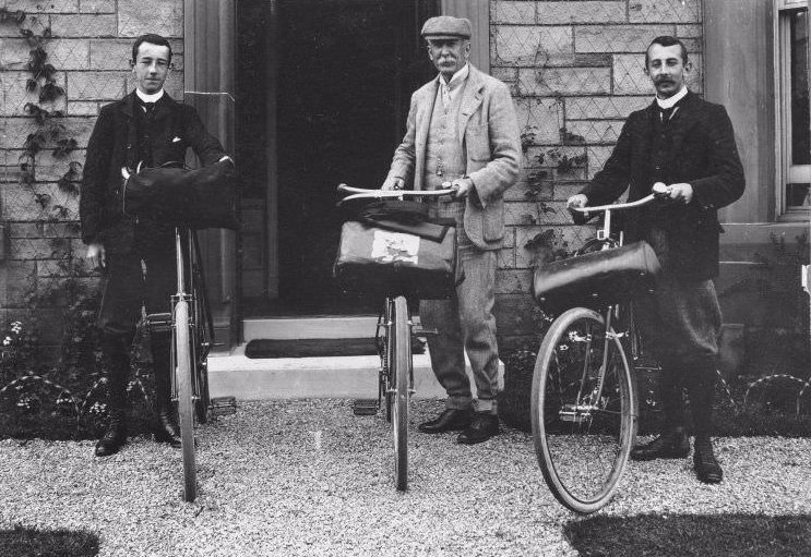 #27 Three men with bikes outside house, 1903. Inscribed beneath: ‘As we started from 2 Corrennie Gardens. July 20th 1903.’