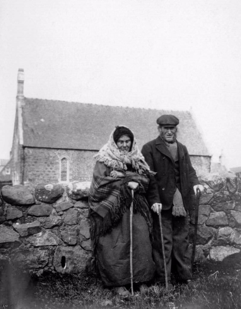 #18 Two people in front of Kilmuir Free Church, Skye, 1906. Titled: ‘Witnesses – Kilmuir’