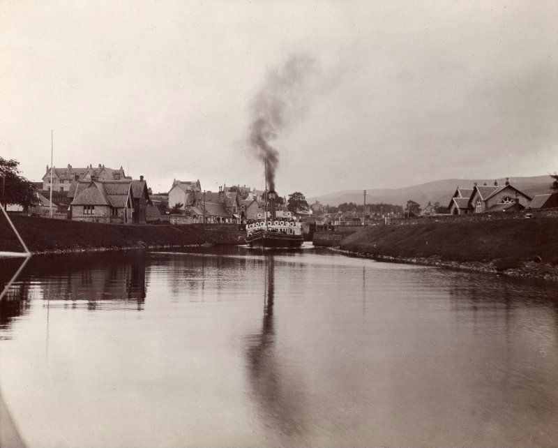 #26 A steamer in the Caledonian Canal at Fort Augustus swing bridge, taken from the E., c. 1910.
