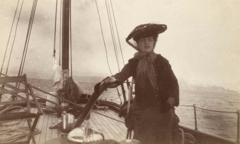 #63 Woman on sailing boat, probably ‘Gadfly,’ c.1904. Titled: ‘S.M (Mrs Hoggenheimn of Park Lane)’.