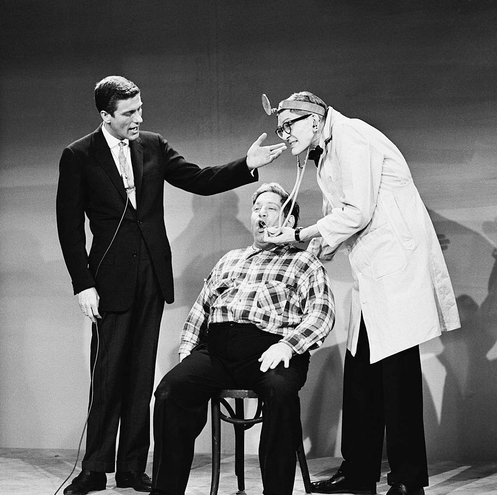 #5 Dick Van Dyke with comedians Michael Enserro Rod Winchell, 1959.