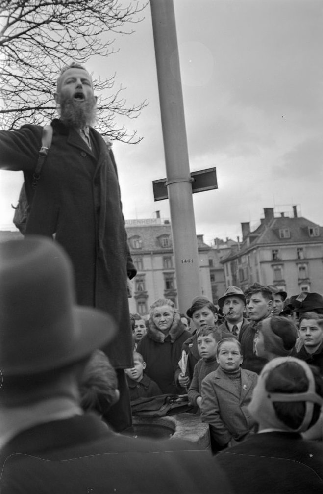 #11 Pacifist Max Daetwyler near the Zurich ‘Volkshaus’, 1950.
