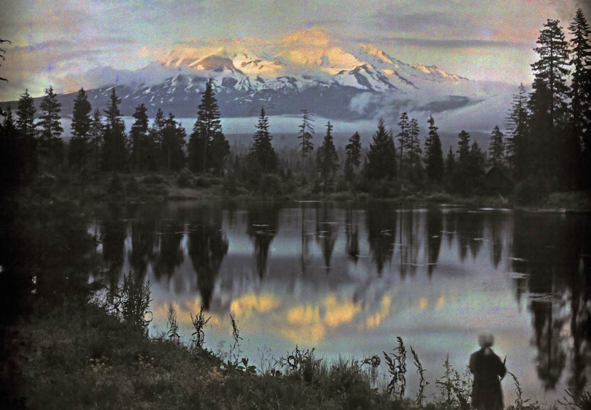 #4 Mount Shasta in California and a woman at the edge of a pond.