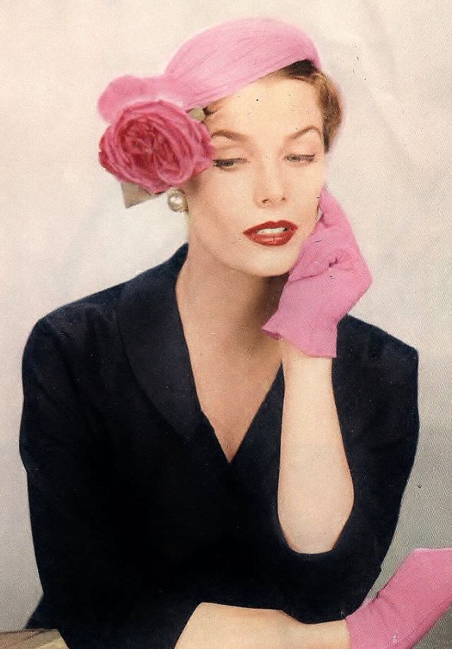 #25 Model in pinky scarf hat, April 1954