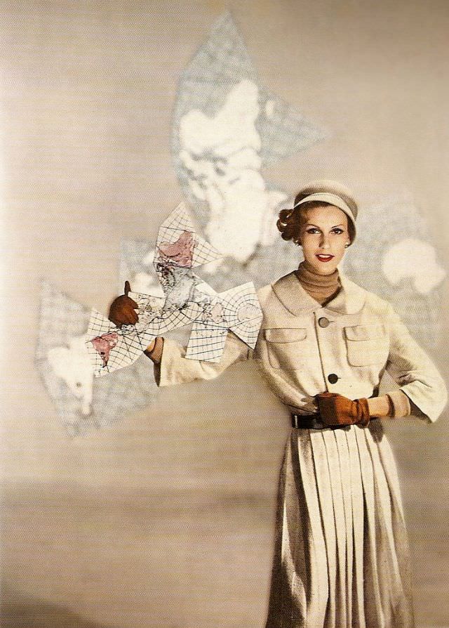#34 Mary Jane Russell in dress by Harry Frechtel and hat by Lilly Daché, Harper’s Bazaar, January 1958