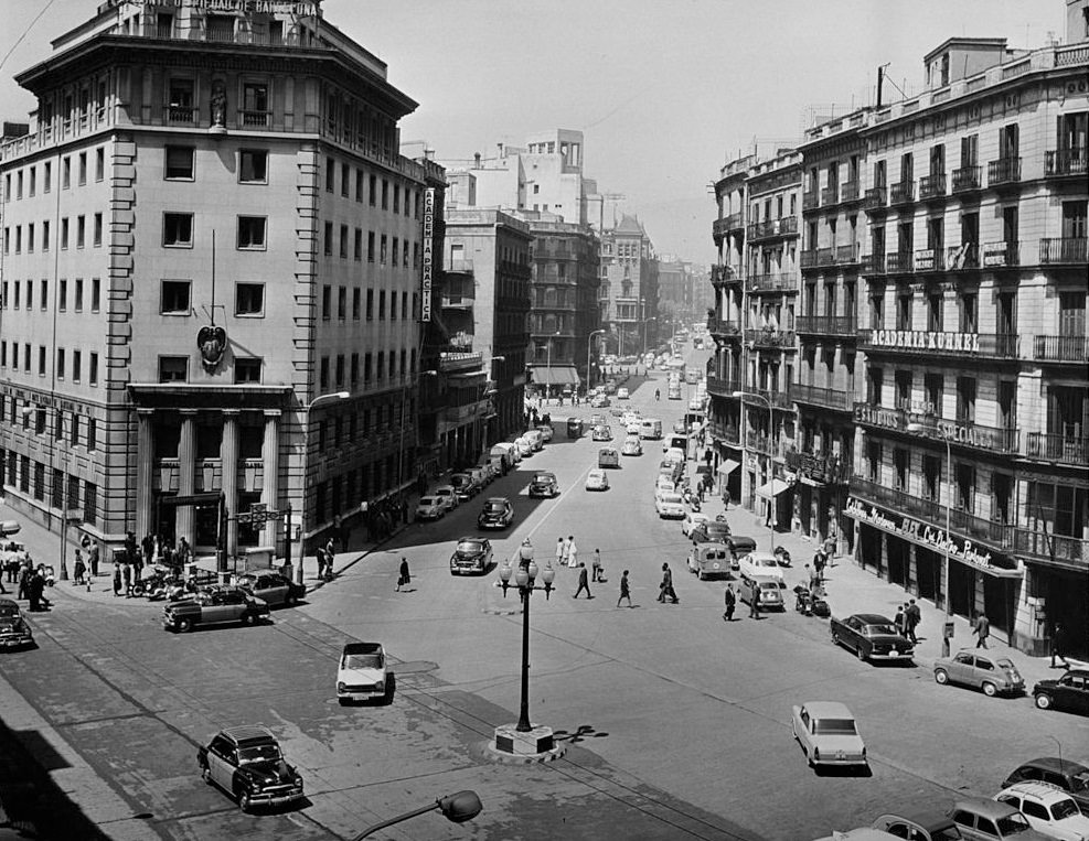 #68 A street view in Barcelona, Spain. Circa 1960.