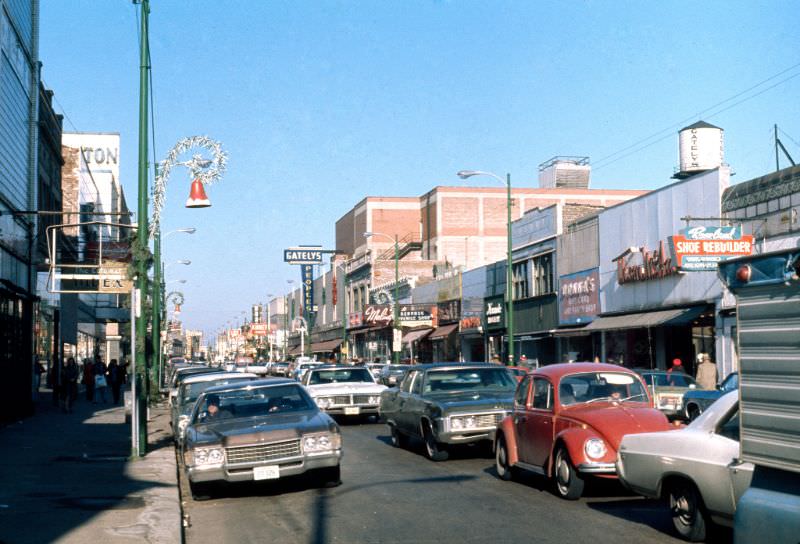 #12 Looking north along a thriving commercial strip on South Michigan Avenue, 1972