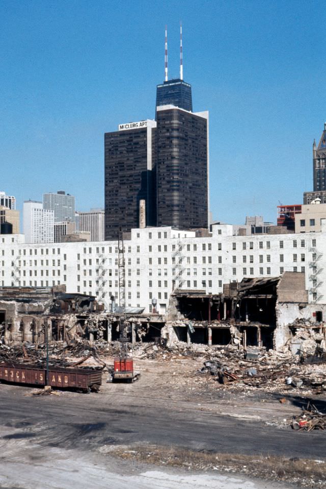 #8 Warehouse demolition, North Pier Terminal, and McClurg Court Center apartments, 1973
