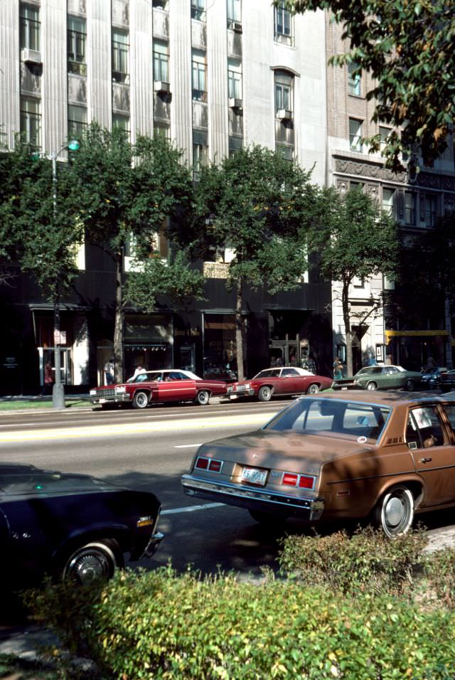 #38 North Michigan Avenue towards the high-rise buildings located on the west side of the street south of the intersection with East Superior Street, 1976