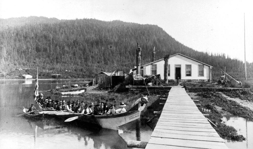 #6 Chief Shake’s house canoe with Indian Funeral at Ft Wrangel, Alaska, circa 1890.