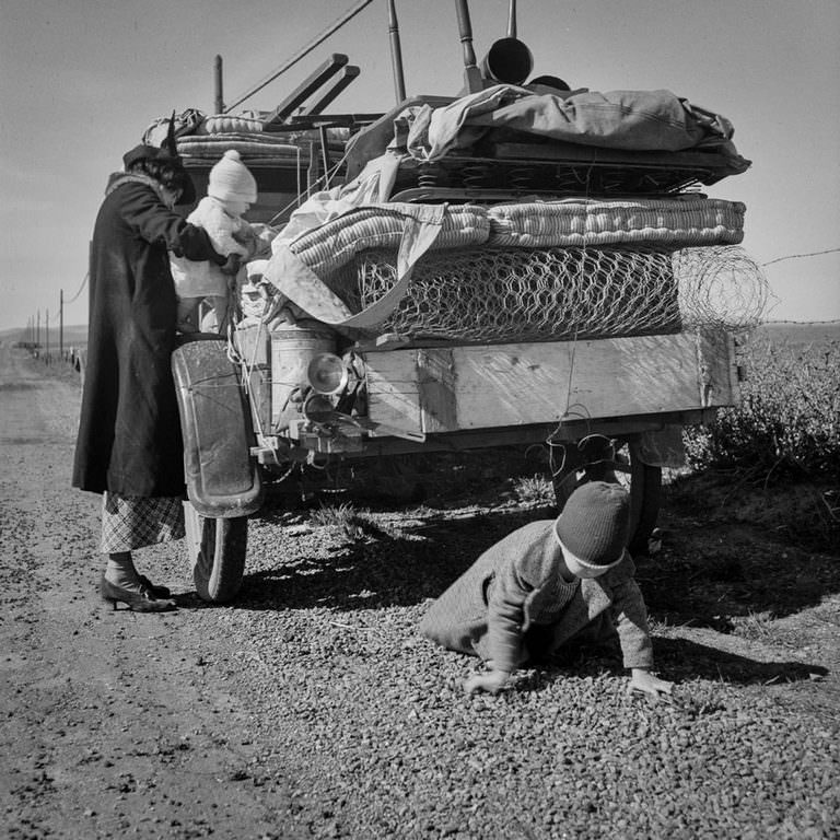 #18 A Missouri family of five fleeing drought on Highway 99 in California. 1937.