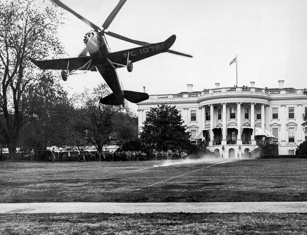 #11 An autogyro takes off after landing on the White House lawn. 1931.