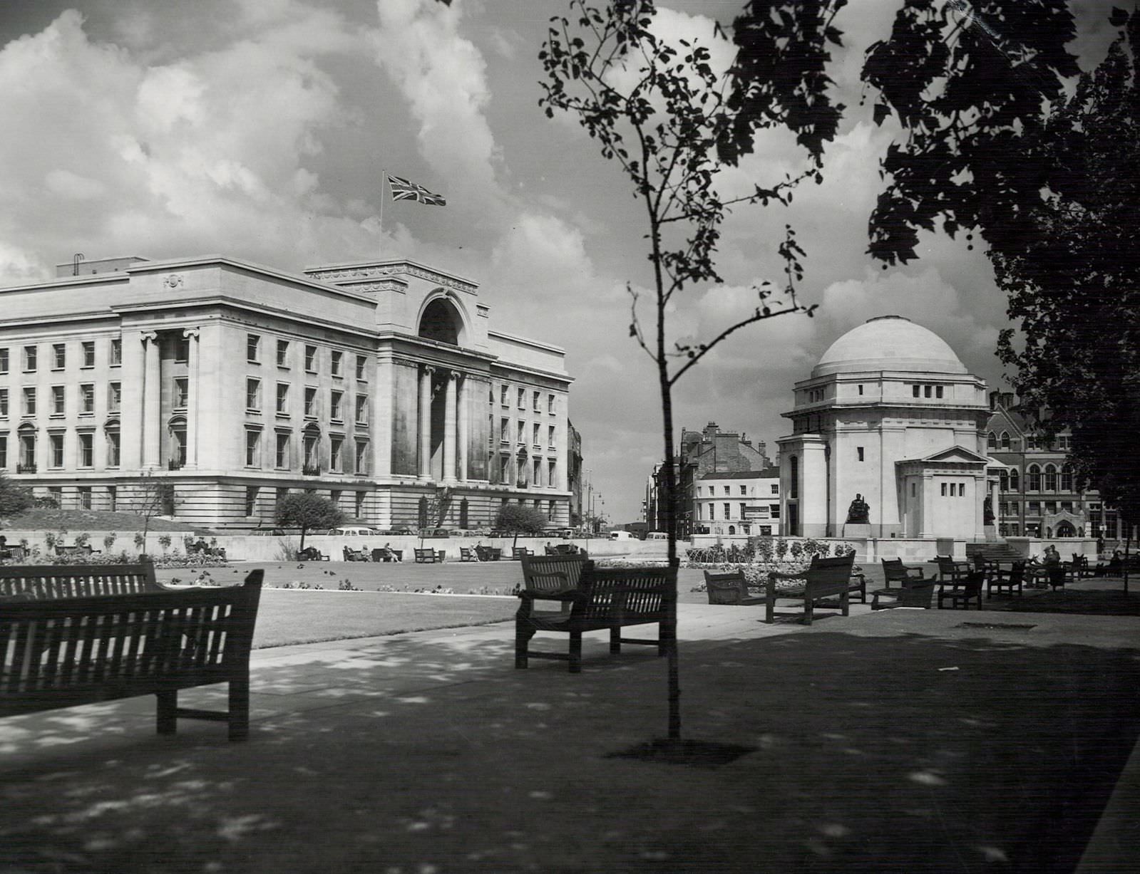 #22 Union Jack flying over Baskerville House, overlooking the Hall of Memory in Birmingham City Centre, August 1961.