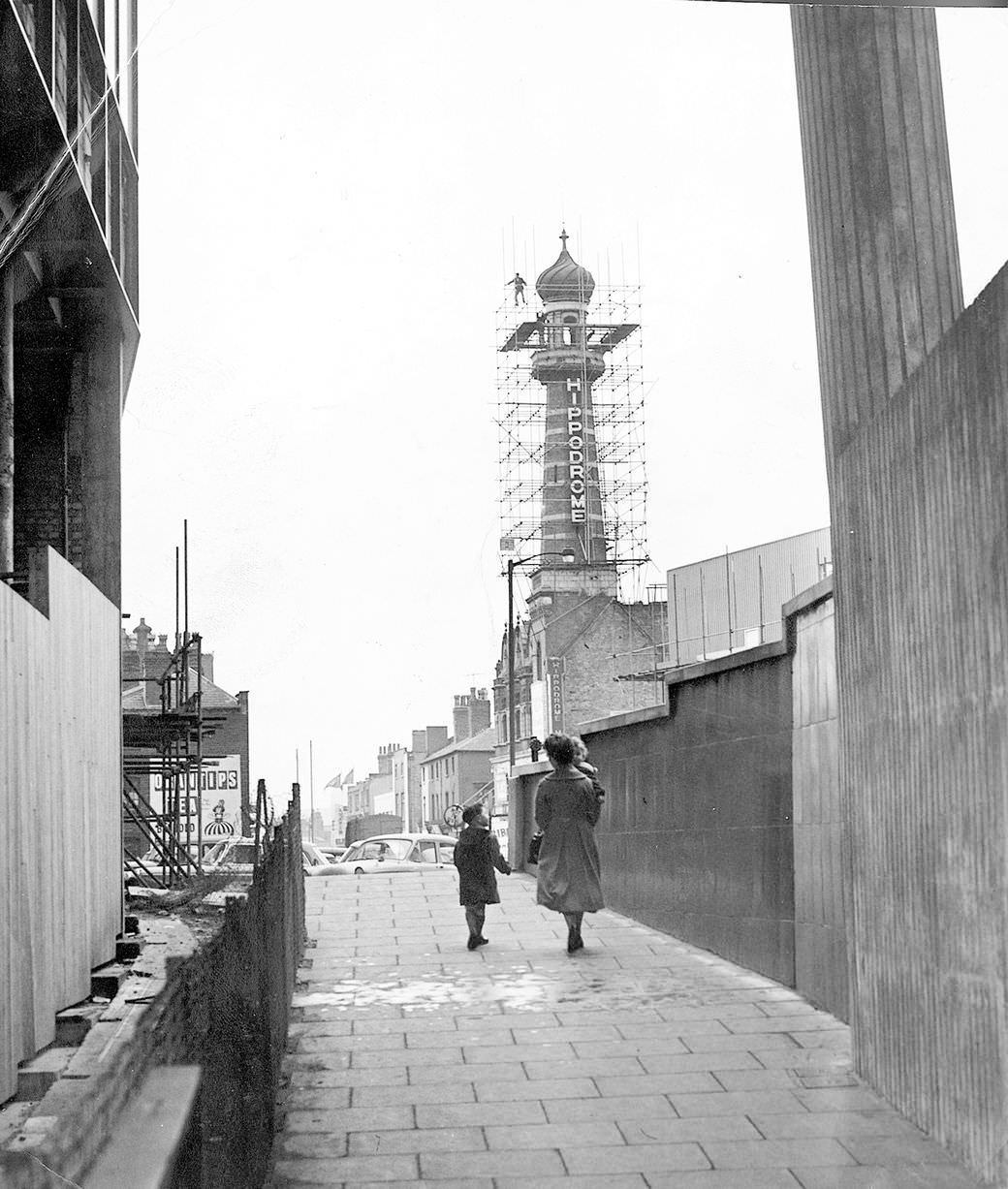 #39 The Birmingham Hippodrome Tower in Scaffold, 1960.