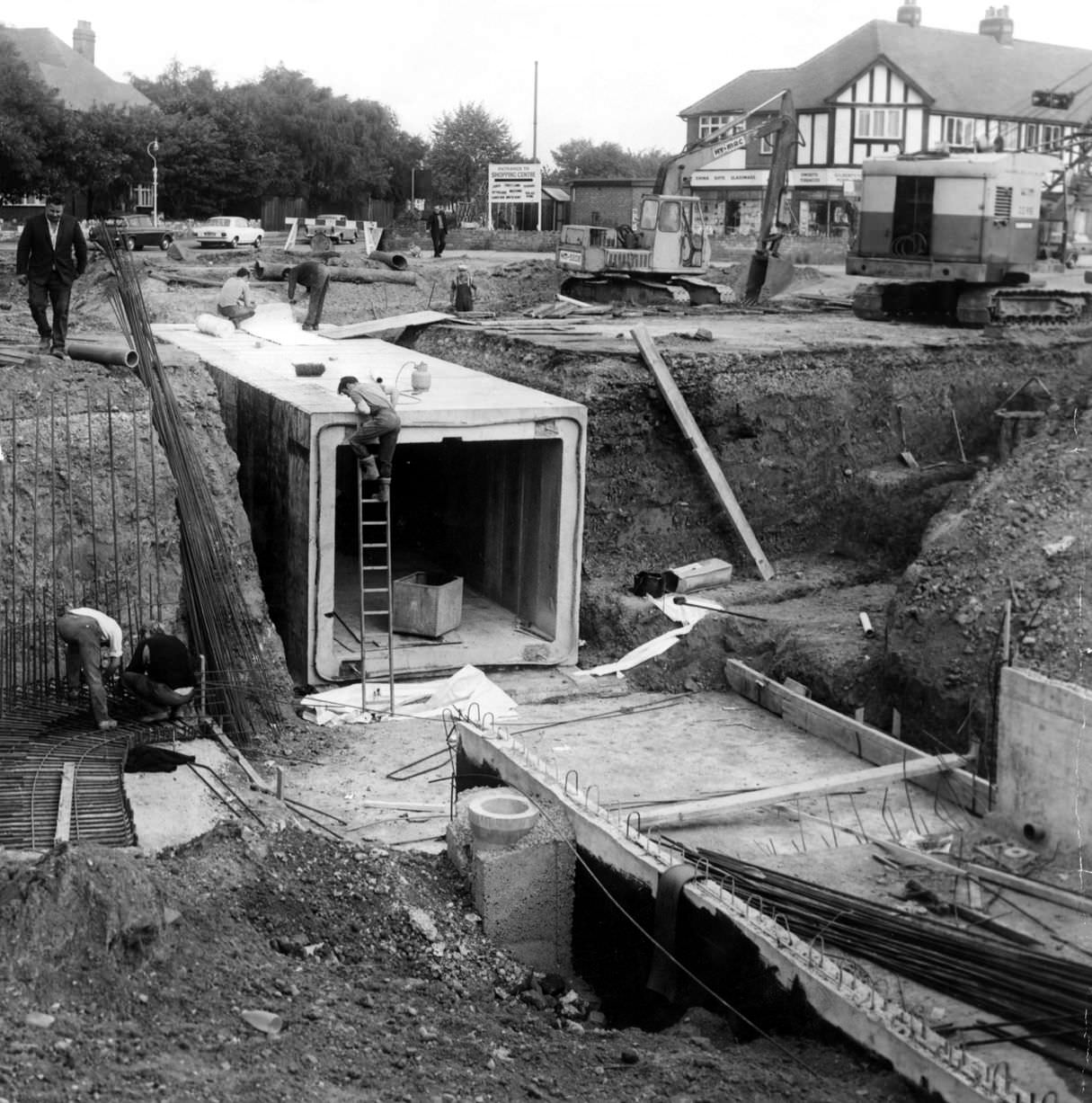 #40 To get traffic moving on a new dual carriageway at Coventry Road, Yardley, sections of a pedestrian subway are being laid, 3rd October 1969.