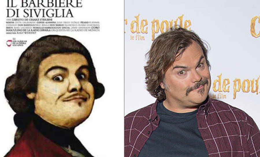 #24 An old Italian poster for the comedic opera The Barber of Seville and Jack Black.