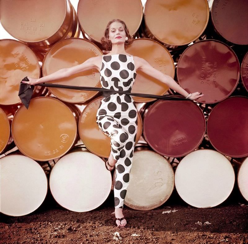 #11 Mary Hilem in large polka-dot jumpsuit, LOOK, 1958