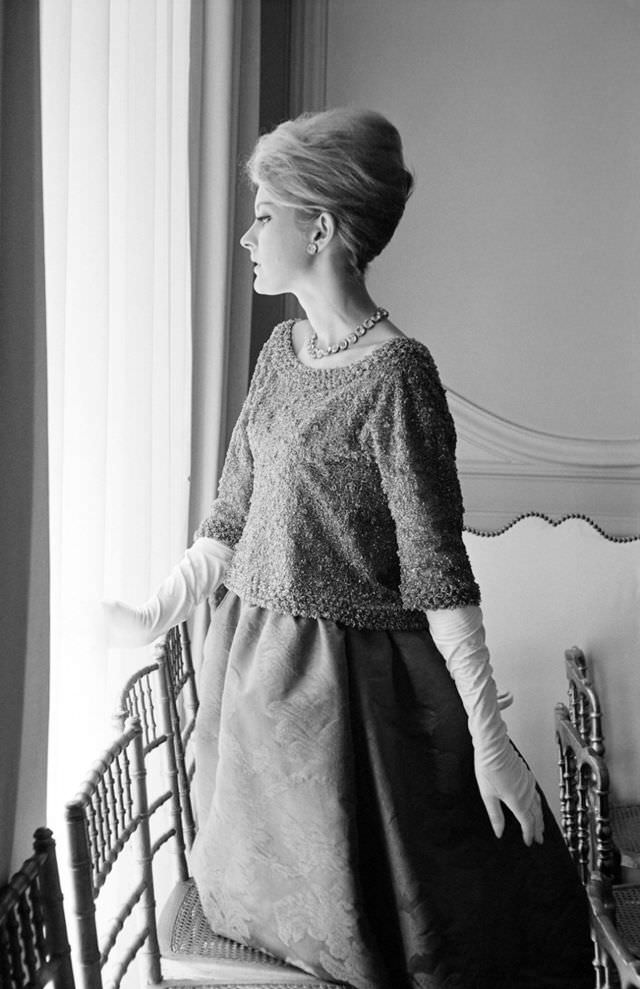 #20 Model in sequined top and skirt evening gown by Givenchy, Paris, June 1960