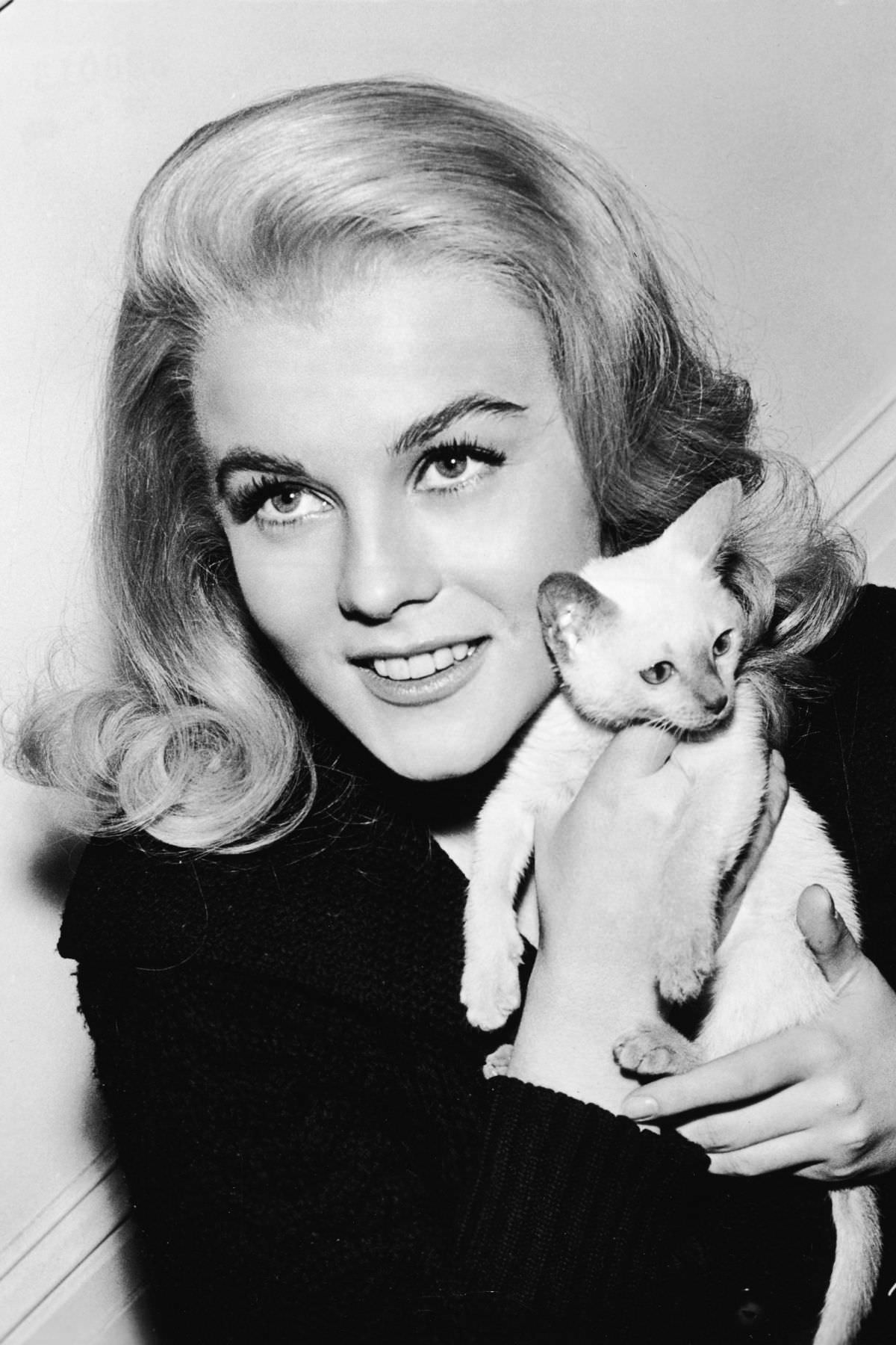 #22 Swedish actress Ann-Margret framed her face with a Siamese kitten to promote her upcoming film, Kitten With a Whip, 1964.