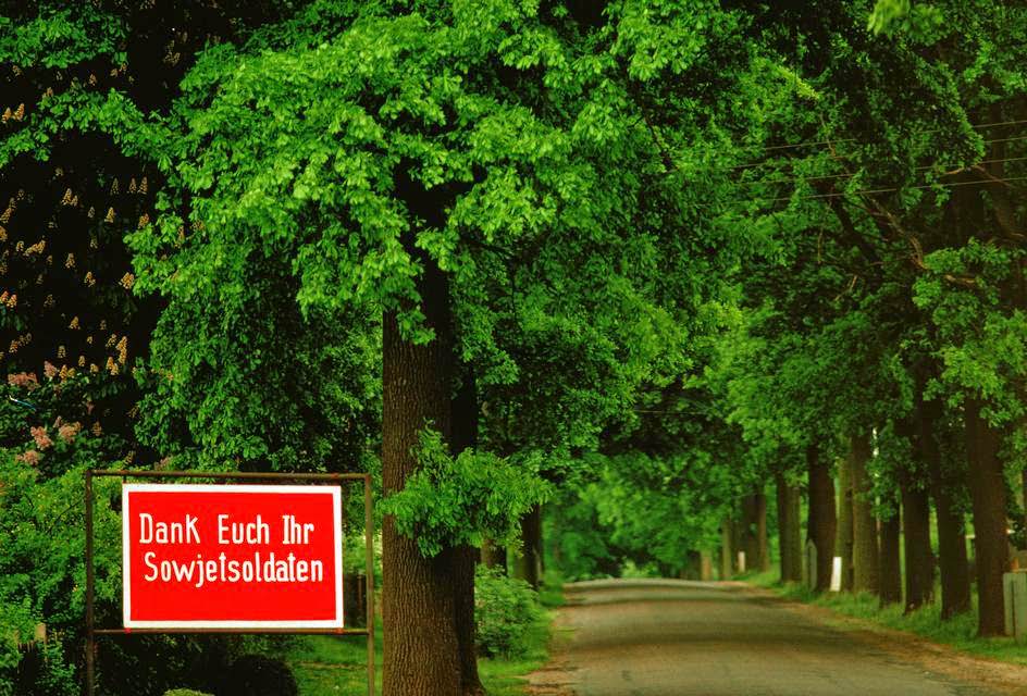 #54 An SED propaganda poster reads “Thank you Soviet soldiers” on an oak lined road near the Baltic Sea.
