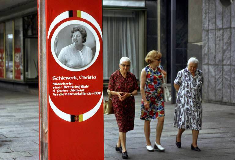 #7 Three women walking on the sidewalk in Karl-Marx-Stadt (now Chemnitz). East Germany, Karl Marx Stadt.
