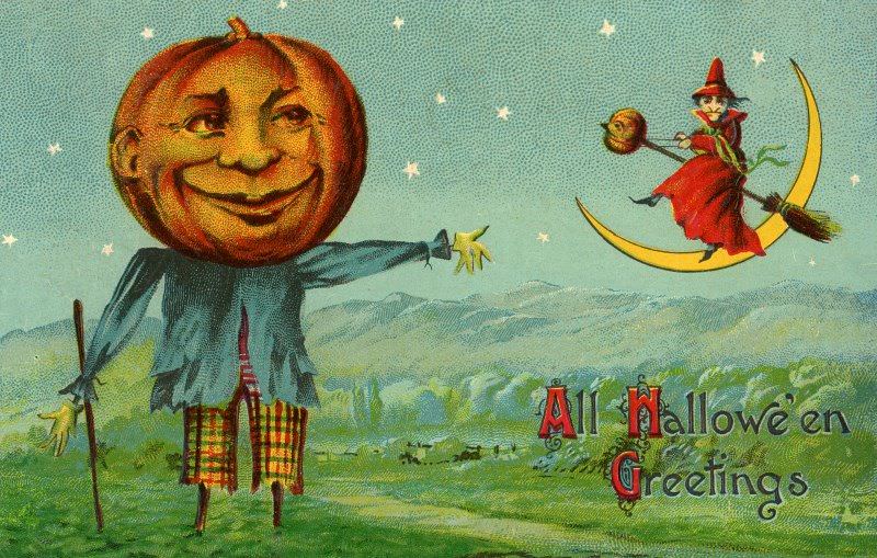 Jack-o’-Lantern Scarecrow and Witch with Crescent Moon