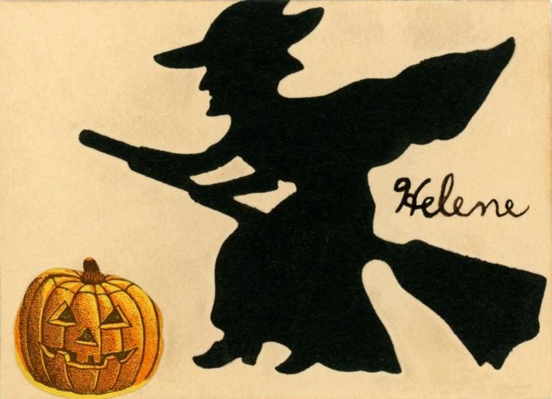 Witch and jack-o’-lantern card for Helene