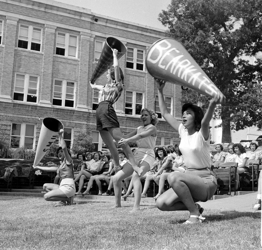 #57 Cheerleaders performing at Sam Houston State Teachers College, Houston, 1950.