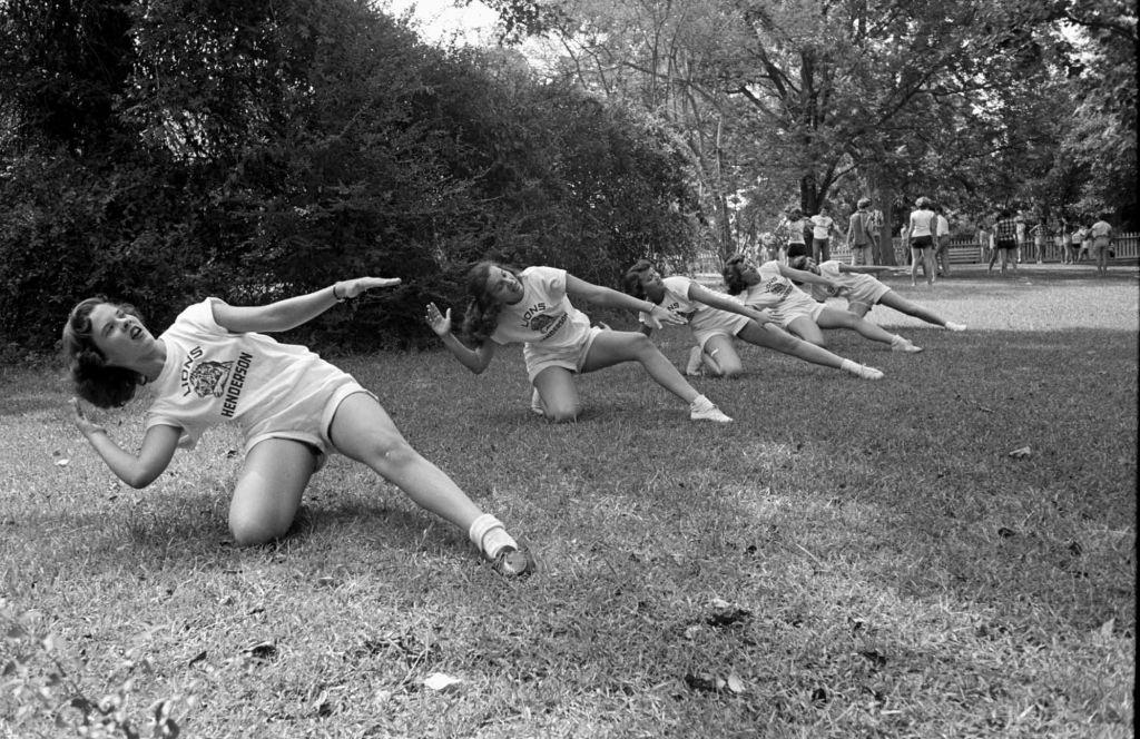 #32 Cheerleaders dancing at a cheerleaders school in Sam Houston State University, 1950.