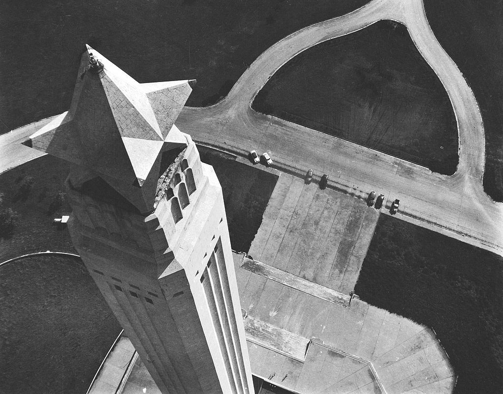 #36 Birds eye view of the San Jacinto monument taken from a helicopter, 1952.