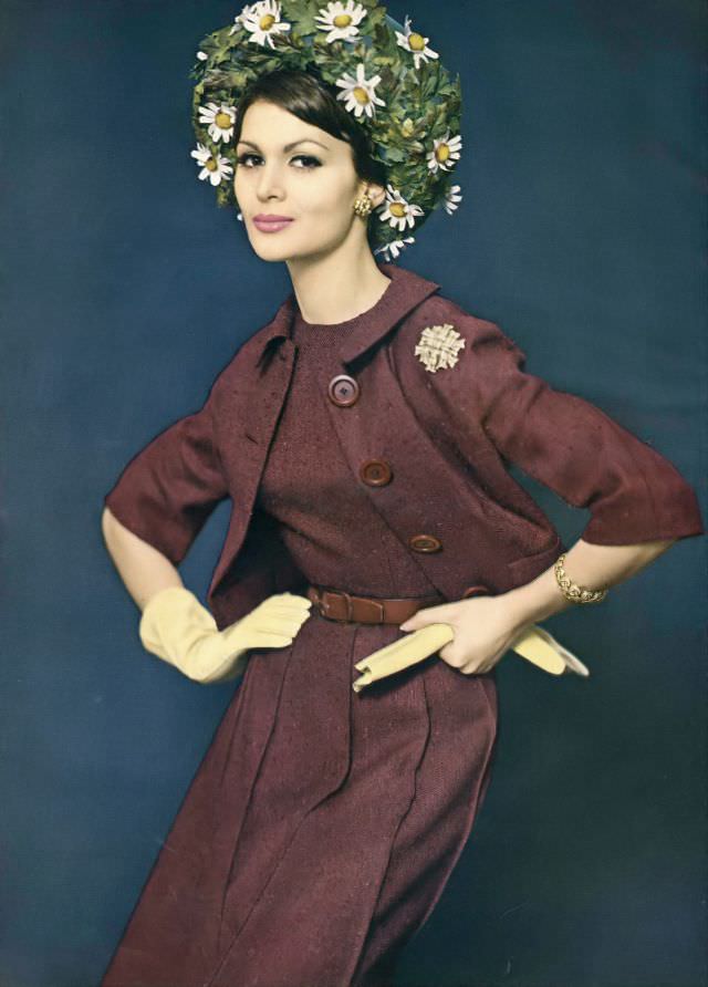 #34 Isabella Albonico in mulberry colored cotton and silk tweed dress and jacket, by Samuel Winston, jewelry by Verdura, 1960