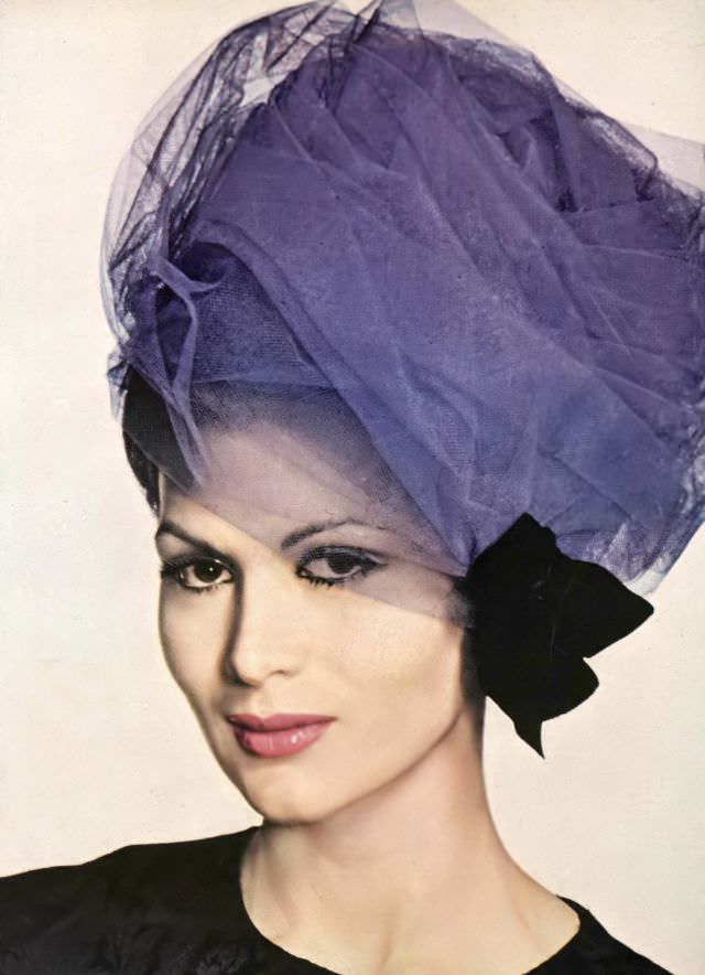 #39 Isabella Albonico in violet tulle hat held together with black velvet bow by Gustave Tassell. Vogue, September 1, 1960