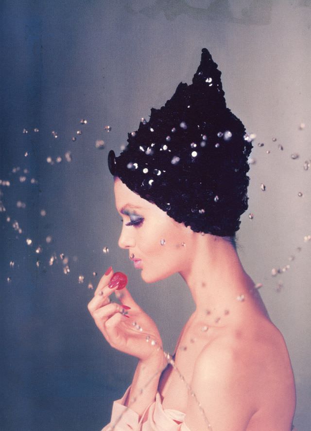 #7 Isabella Albonico wears a black sequined cap by Adolfo for Emme. Vogue, October 1, 1960