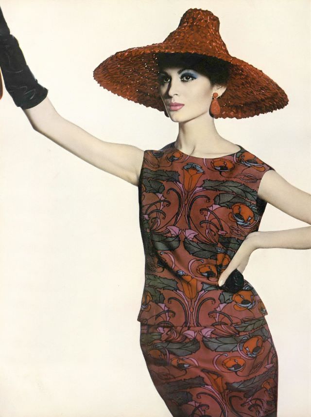 #44 Isabella Albonico in boldly colored plum-red and blue print two-piece dress on Liberty of London silk. Vogue, April 1, 1961