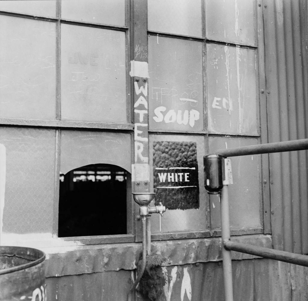 #15 A drinking fountain, labeled ‘White,’ at the Bethlehem-Fairfield shipyards, Baltimore, 1943.