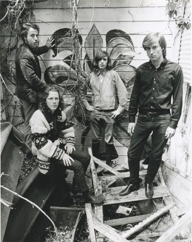 Big Brother and the Holding Company in the spring of 1966 behind the Old Spaghetti Factory, where drummer Dave Getz (far left) worked part time.