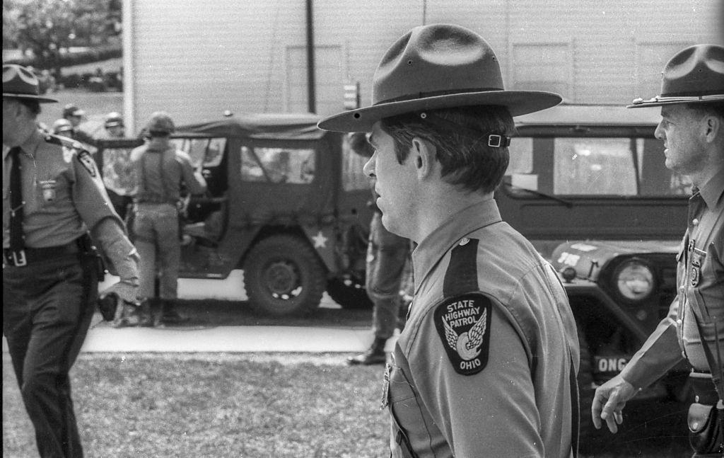 #42 Highway Patrol officers as they arrive at Kent State University in the wake of the Ohio National Guard’s shooting of protesters on the university’s campus, Kent, Ohio, May 4, 1970.