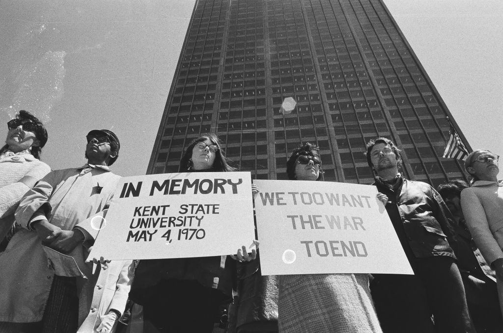 #53 A vigil in front of the Equitable Building, 401 North Michigan Avenue, in memory of the four students killed at Kent State University, Chicago, Illinois, May 6, 1970.