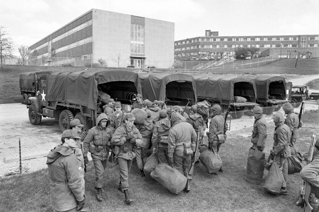 #58 Ohio National Guardsmen prepare to leave the Kent State University campus.